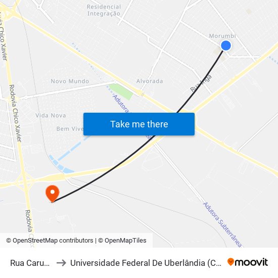 Rua Caruru, 71 to Universidade Federal De Uberlândia (Campus Glória) map