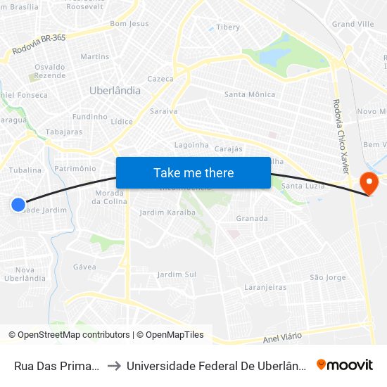 Rua Das Primaveras, 187 to Universidade Federal De Uberlândia (Campus Glória) map