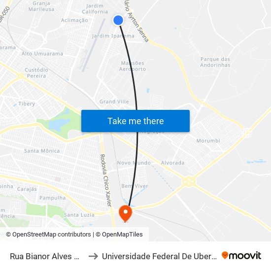 Rua Bianor Alves De Andrade, 132 to Universidade Federal De Uberlândia (Campus Glória) map