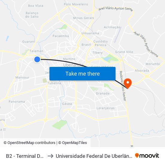 B2 - Terminal Dona Zulmira to Universidade Federal De Uberlândia (Campus Glória) map