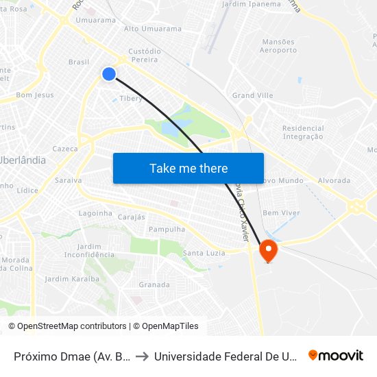 Próximo Dmae (Av. Benjamin Magalhães) to Universidade Federal De Uberlândia (Campus Glória) map