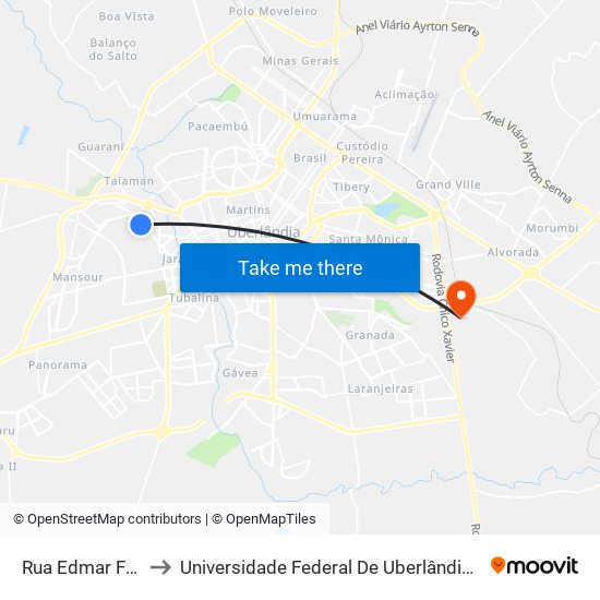 Rua Edmar Fraga, 51 to Universidade Federal De Uberlândia (Campus Glória) map