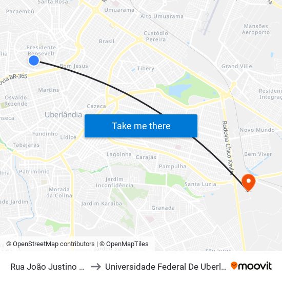 Rua João Justino Fernandes, 676 to Universidade Federal De Uberlândia (Campus Glória) map