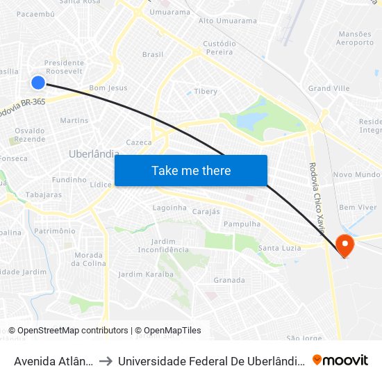 Avenida Atlântica, 470 to Universidade Federal De Uberlândia (Campus Glória) map