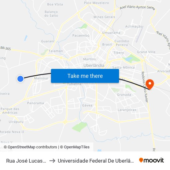 Rua José Lucas Da Silva 51 to Universidade Federal De Uberlândia (Campus Glória) map