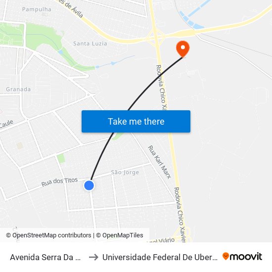 Avenida Serra Da Bodoquena, 738 to Universidade Federal De Uberlândia (Campus Glória) map