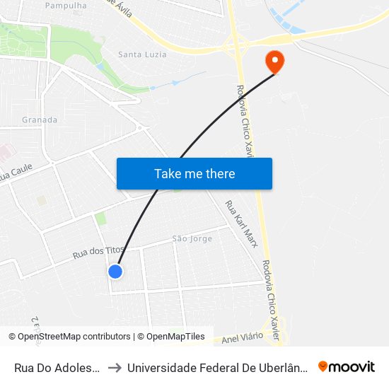 Rua Do Adolescente, 251 to Universidade Federal De Uberlândia (Campus Glória) map