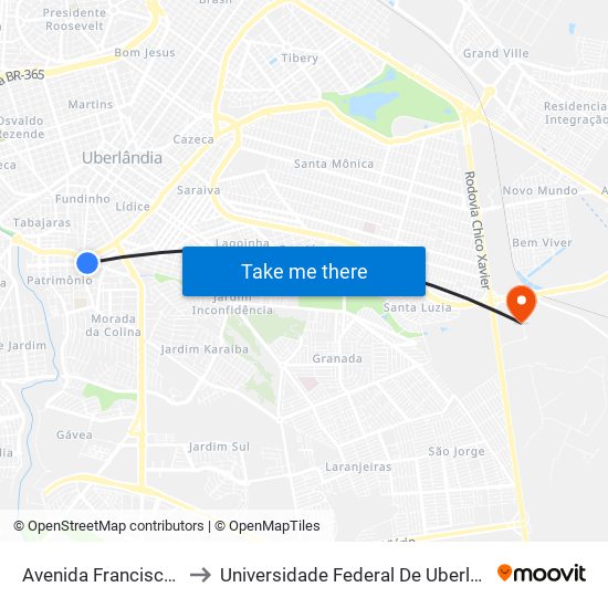 Avenida Francisco Galassi, 855 to Universidade Federal De Uberlândia (Campus Glória) map