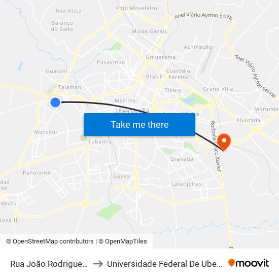 Rua João Rodrigues De Castro, 280 to Universidade Federal De Uberlândia (Campus Glória) map