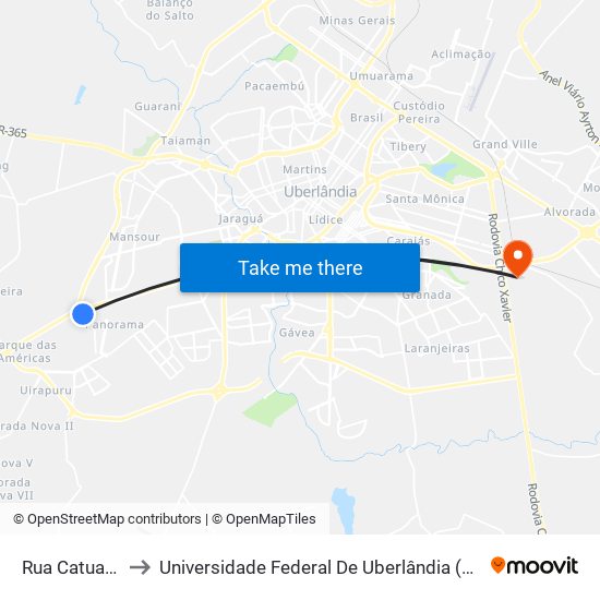 Rua Catuaba, 93 to Universidade Federal De Uberlândia (Campus Glória) map