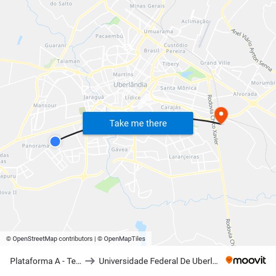 Plataforma A -  Terminal Canaã to Universidade Federal De Uberlândia (Campus Glória) map