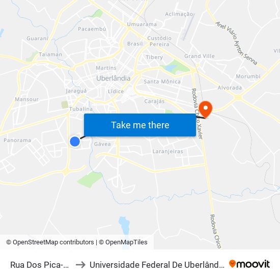 Rua Dos Pica-Paus, 960 to Universidade Federal De Uberlândia (Campus Glória) map