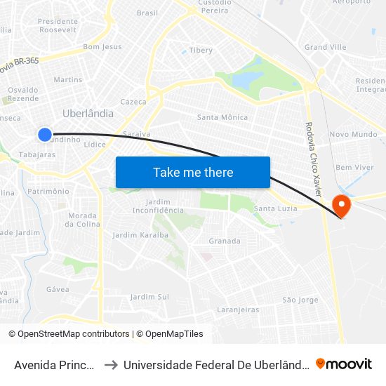 Avenida Princesa Isabel to Universidade Federal De Uberlândia (Campus Glória) map