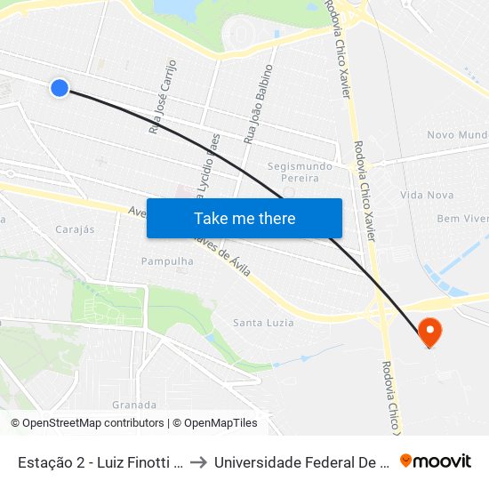 Estação 2 - Luiz Finotti (Av. Segismundo Pereira) to Universidade Federal De Uberlândia (Campus Glória) map