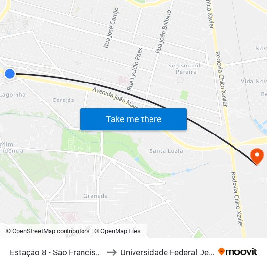 Estação 8 - São Francisco (Av. João Naves De Ávila) to Universidade Federal De Uberlândia (Campus Glória) map