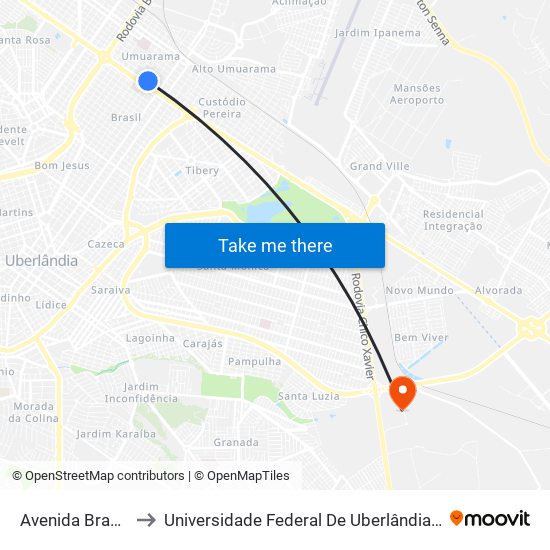 Avenida Brasil, 4325 to Universidade Federal De Uberlândia (Campus Glória) map