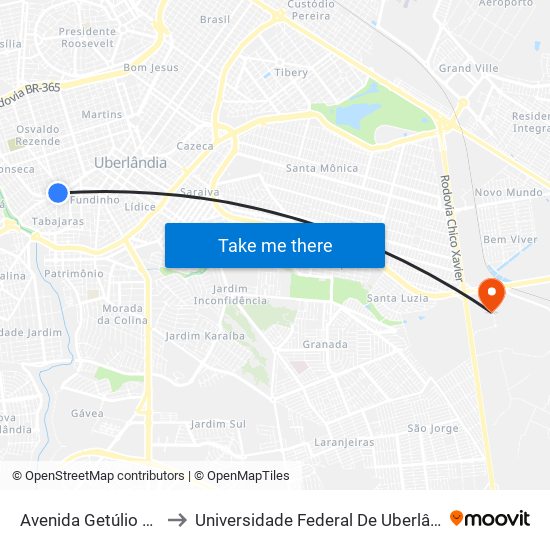 Avenida Getúlio Vargas, 1346 to Universidade Federal De Uberlândia (Campus Glória) map