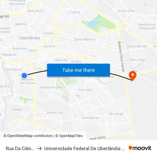 Rua Da Ciência, 97 to Universidade Federal De Uberlândia (Campus Glória) map