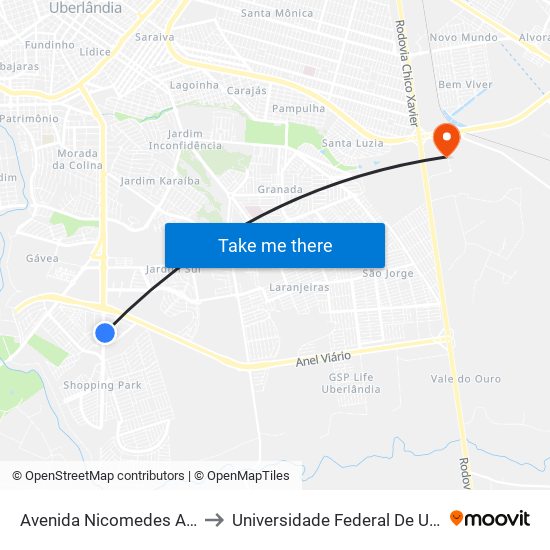Avenida Nicomedes Alves Dos Santos, 6115 to Universidade Federal De Uberlândia (Campus Glória) map
