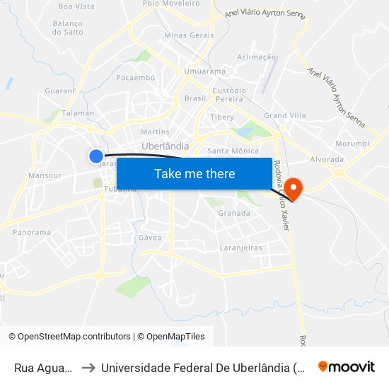 Rua Aguapé, 74 to Universidade Federal De Uberlândia (Campus Glória) map