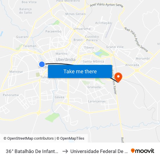 36° Batalhão De Infantaria Mecanizado (Ponto 2) to Universidade Federal De Uberlândia (Campus Glória) map