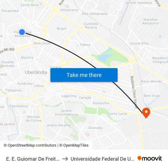 E. E. Guiomar De Freitas Costa (Polivalente) to Universidade Federal De Uberlândia (Campus Glória) map