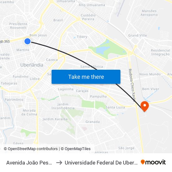 Avenida João Pessoa, 1113-1121 to Universidade Federal De Uberlândia (Campus Glória) map