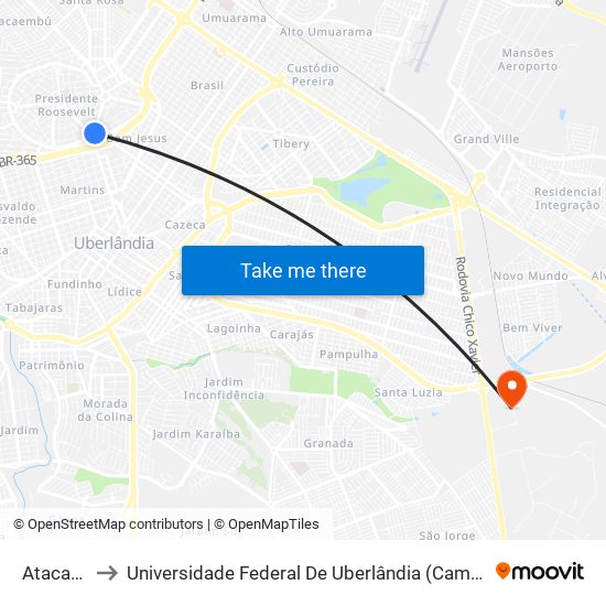 Atacadão to Universidade Federal De Uberlândia (Campus Glória) map