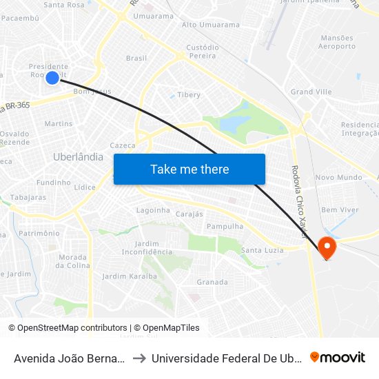 Avenida João Bernardes De Souza, 309 to Universidade Federal De Uberlândia (Campus Glória) map