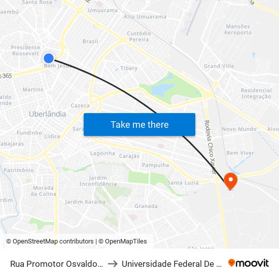 Rua Promotor Osvaldo Afonso Borges, 334-414 to Universidade Federal De Uberlândia (Campus Glória) map