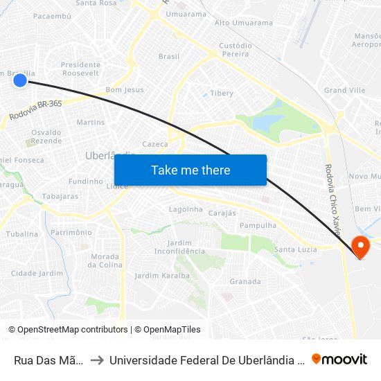 Rua Das Mães, 349 to Universidade Federal De Uberlândia (Campus Glória) map