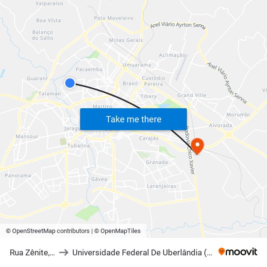 Rua Zênite, 1024 to Universidade Federal De Uberlândia (Campus Glória) map