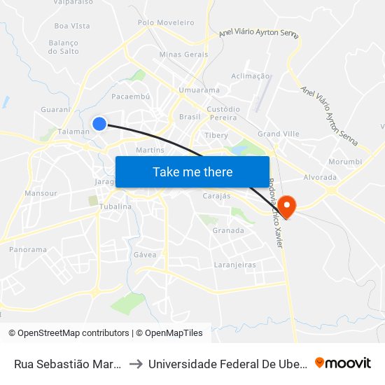 Rua Sebastião Martins Da Silva, 105 to Universidade Federal De Uberlândia (Campus Glória) map