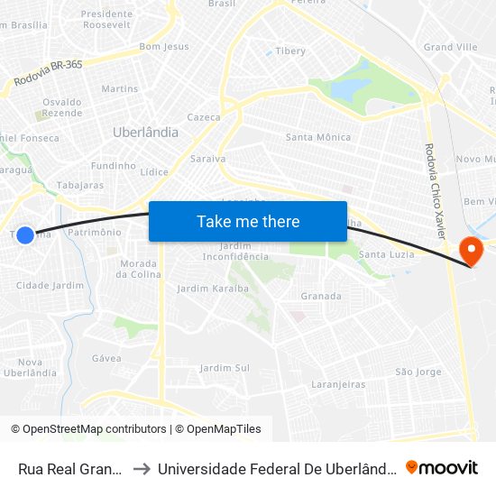 Rua Real Grandeza, 669 to Universidade Federal De Uberlândia (Campus Glória) map