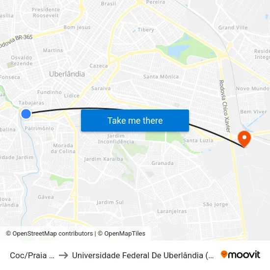 Coc/Praia Clube to Universidade Federal De Uberlândia (Campus Glória) map