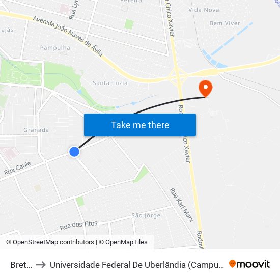 Bretas to Universidade Federal De Uberlândia (Campus Glória) map