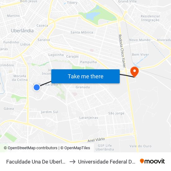 Faculdade Una De Uberlândia -  Karaíba/Ubershopping to Universidade Federal De Uberlândia (Campus Glória) map