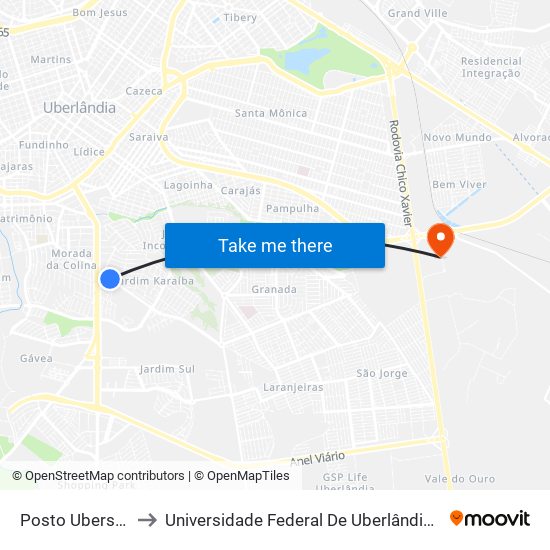 Posto Ubershopping to Universidade Federal De Uberlândia (Campus Glória) map