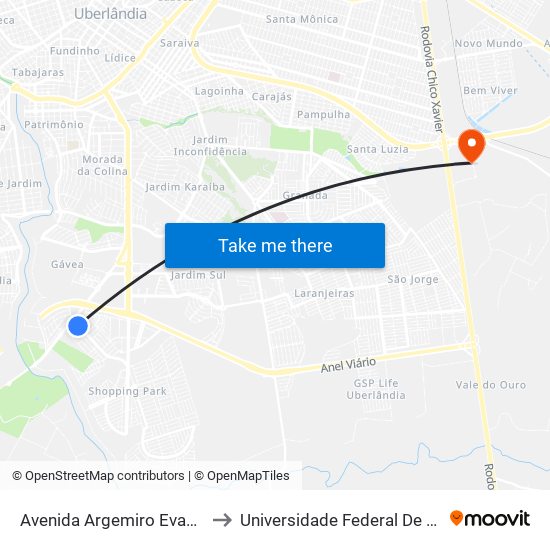 Avenida Argemiro Evangelista Ferreira, 722-748 to Universidade Federal De Uberlândia (Campus Glória) map