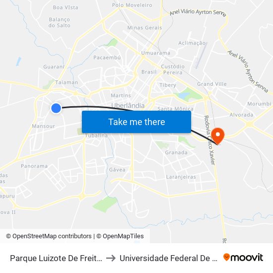 Parque Luizote De Freitas Ou Parque Da Represa to Universidade Federal De Uberlândia (Campus Glória) map