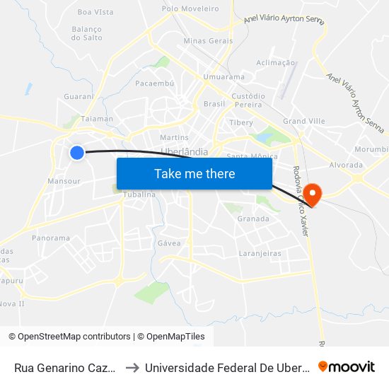 Rua Genarino Cazabona, 836-938 to Universidade Federal De Uberlândia (Campus Glória) map