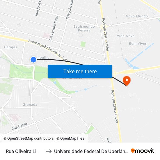 Rua Oliveira Lima, 452-542 to Universidade Federal De Uberlândia (Campus Glória) map