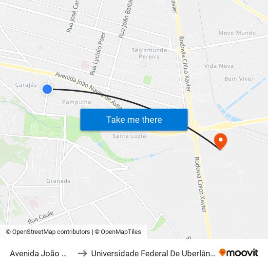 Avenida João Mendes, 260 to Universidade Federal De Uberlândia (Campus Glória) map