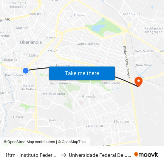 Iftm - Instituto Federal Do Triângulo Mineiro to Universidade Federal De Uberlândia (Campus Glória) map