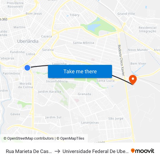 Rua Marieta De Castro Santos, 2-110 to Universidade Federal De Uberlândia (Campus Glória) map