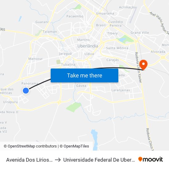 Avenida Dos Lírios Amarelos, 845 to Universidade Federal De Uberlândia (Campus Glória) map