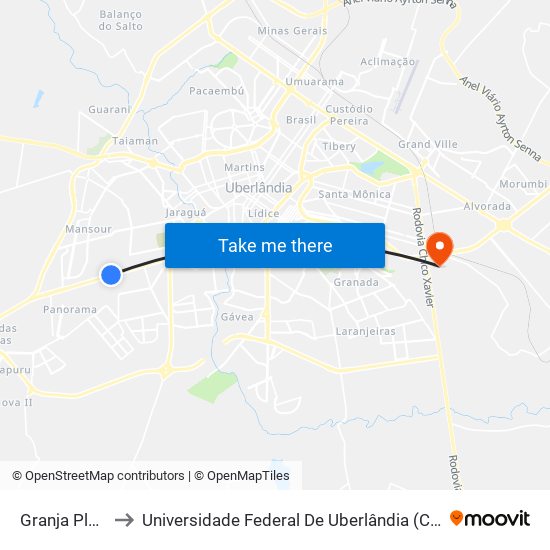 Granja Planalto to Universidade Federal De Uberlândia (Campus Glória) map