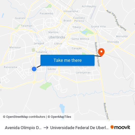 Avenida Olímpio De Freitas, 1118 to Universidade Federal De Uberlândia (Campus Glória) map