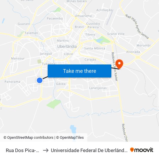 Rua Dos Pica-Paus, 260 to Universidade Federal De Uberlândia (Campus Glória) map