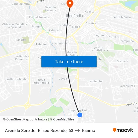 Avenida Senador Eliseu Rezende, 63 to Esamc map